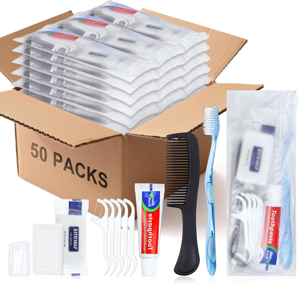 hqsl 10-set personal hygiene kit, disposable toothbrushes with toothpaste floss comb soap and cover for travel, homeless, women, men