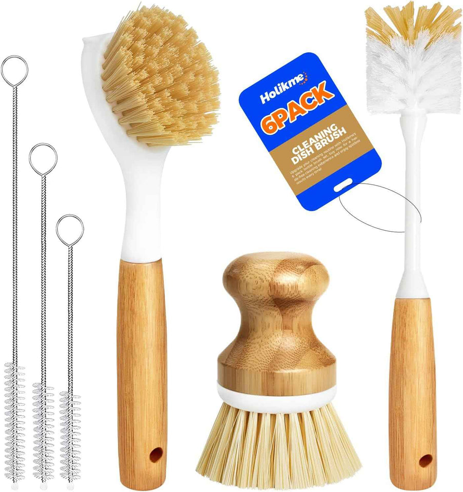 Holikme 6 Pack Dish Brush Set in Yellow, includes Vegetable Palm Brush, Bottle Brush, Dish Brush, and Straw Brush for Kitchen Cleaning
