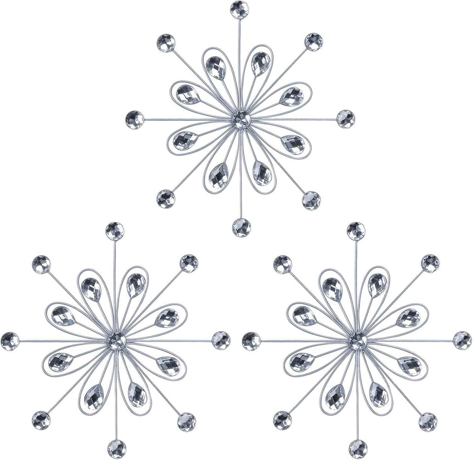 hogardeck Metal Flower Wall Decor, 11inch Silver Metal Jeweled Wall Art Bling Crystal Home Décor, Sun Burst Rhinestone Wall Hanging Diamond Accents for for Indoor, Outdoor, Living Room, Bedroom