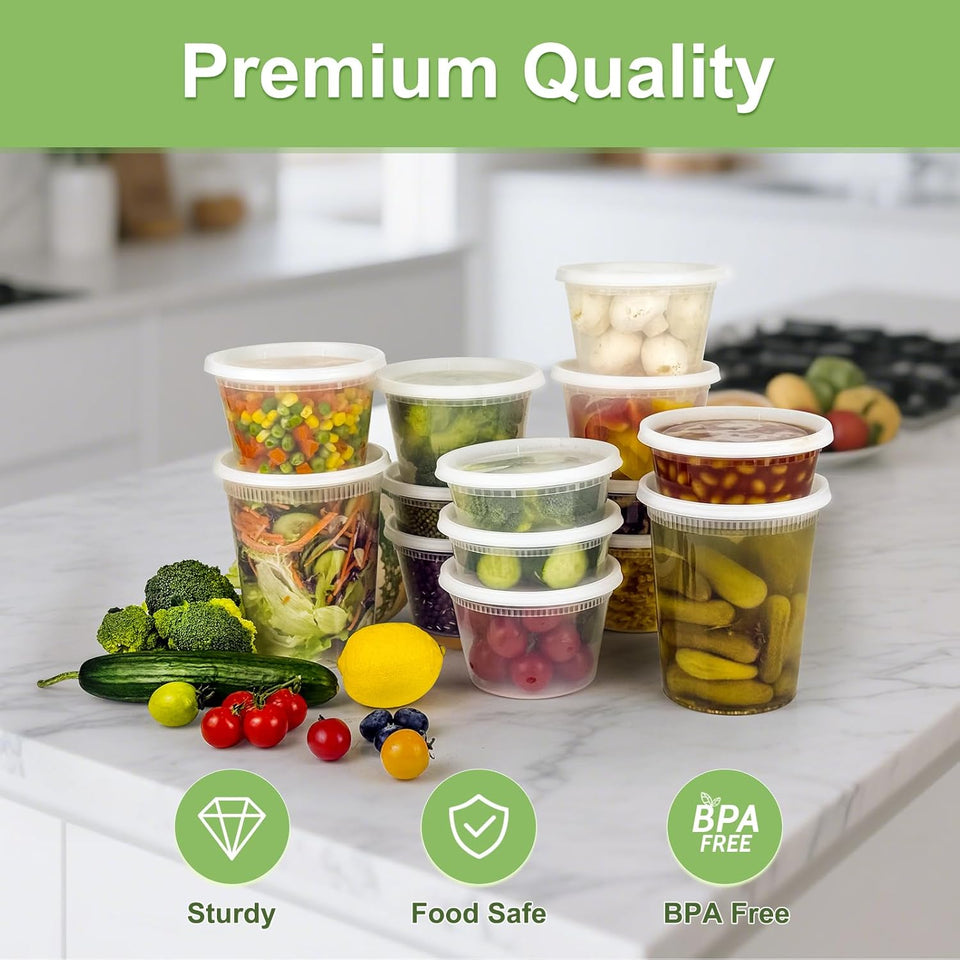 60 Sets (120-Piece) Deli Containers with Lids, 32/16/8 oz X 20 Set Each, Leak-Proof & BPA Free Airtight Takeout Plastic Food Storage Containers for Soup, Freezer/Microwave/Dishwasher Safe