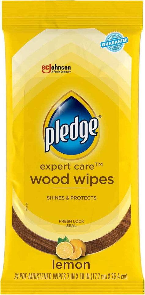 Pledge expert care wood wipes in lemon scent, 24 count for convenient wood surface cleaning and polishing