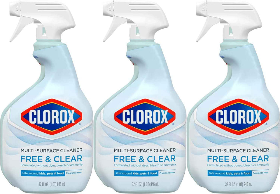 Clorox Free & Clear Multi Surface Cleaner, Spray Bottle, Fragrance Free, 32 Fluid Ounces, Pack of 3