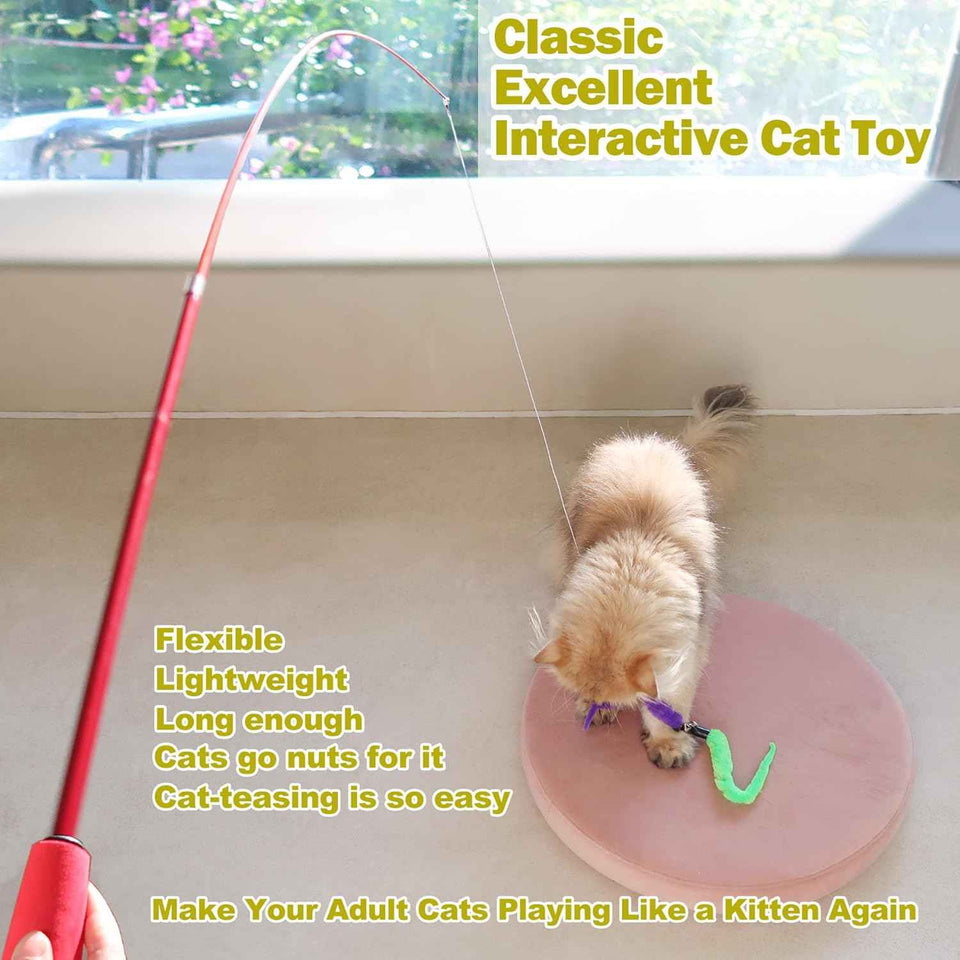 meohui 2pcs retractable cat fishing pole toy set with 9pcs cat feather toys refills