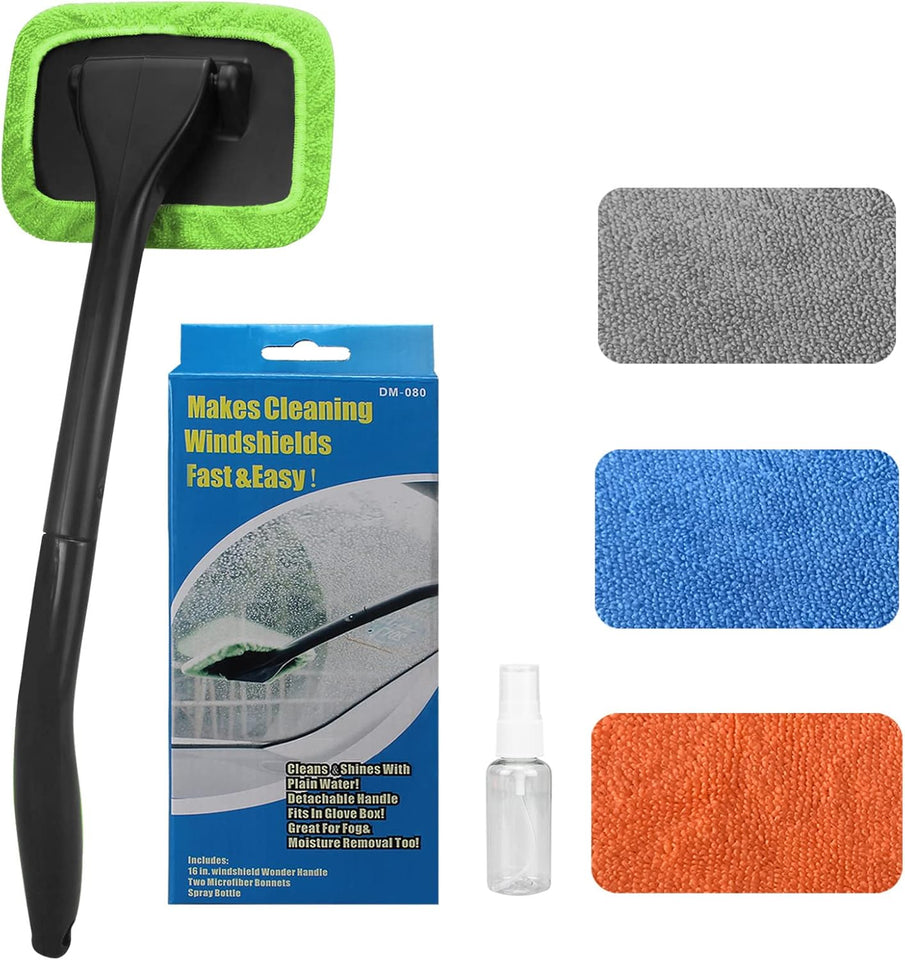 windshield cleaning tool with 4 washable microfiber pads and extendable handle for auto glass wiper