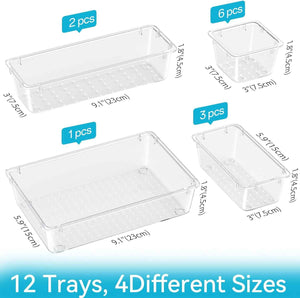 12 PCS Drawer Organizer Set, 4 Sizes, Clear Plastic, Makeup Vanity, Tool Storage, Bathroom, Office, Bedroom
