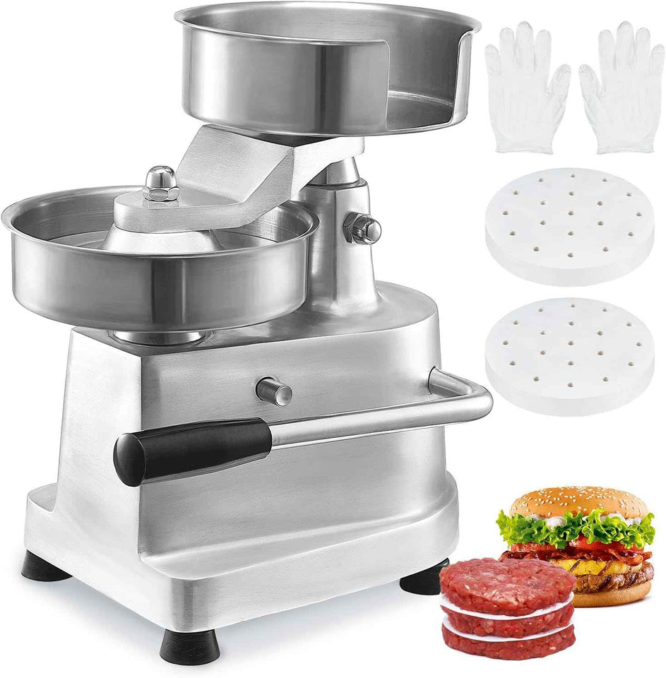 VEVOR Commercial Burger Patty Maker, 100mm/4inch Hamburger Beef Patty Maker, Heavy Duty Food-Grade Stainless Steel Bowl Burger Press Machine, Kitchen Meat Forming Processor with 1000 Pcs Patty Papers