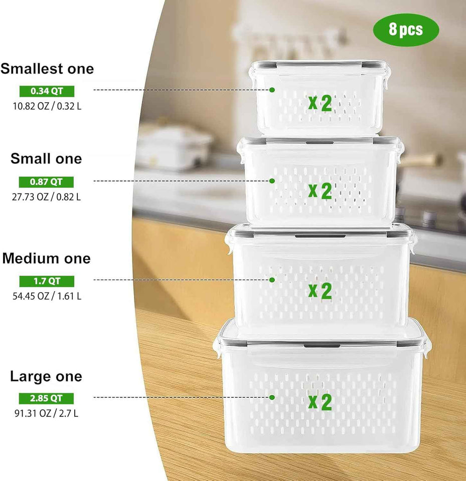 Fruit Storage Containers for Fridge with Removable Colander, Airtight Food Storage Container, Dishwasher Safe Produce Saver for Refrigerator, 4 PCS Small Clear