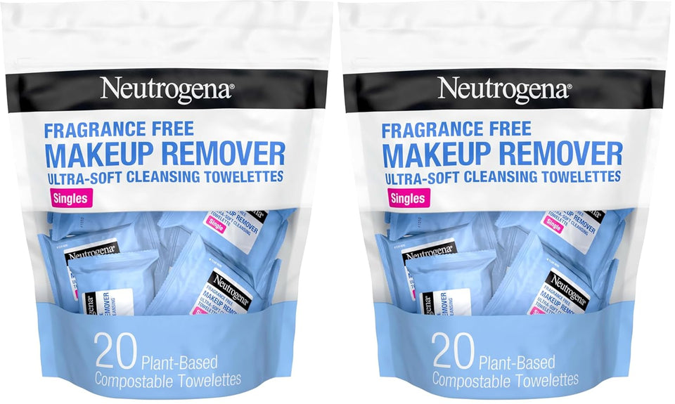Neutrogena daily makeup remover wipes, 20 count, single face cleansing towelettes, alcohol-free, 100% plant-based