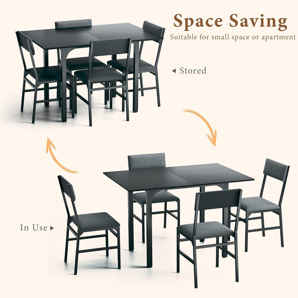 Dining Table Set for 4, Extendable Kitchen Table Cushion Chairs Set of 4, Rectangle Dining Table with Metal Frame & MDF Board, Folding for Small Apartment Saving Space, Black