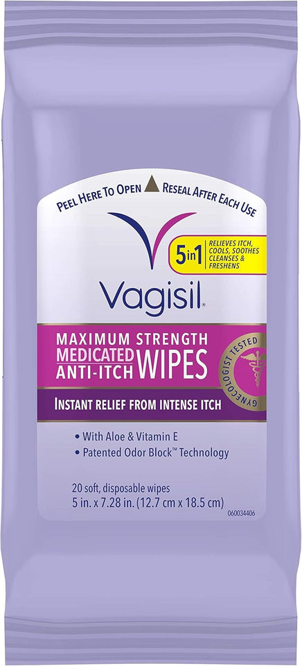 Vagisil odor block daily freshening wipes for feminine hygiene in resealable pouch, hypoallergenic, gynecologist tested, 20 wipes pack of 3