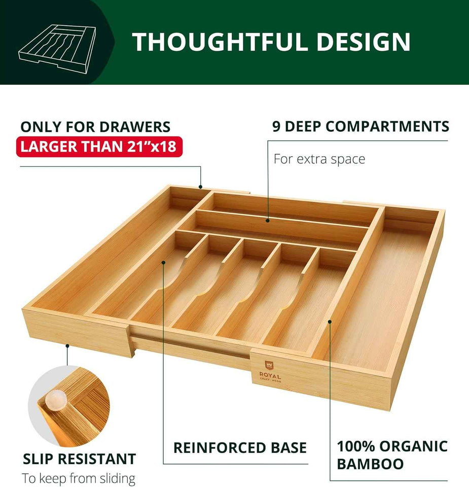 Royal Craft Wood Luxury Bamboo 9 Slot Silverware Organizer for Kitchen Utensil Holder & Cutlery Tray
