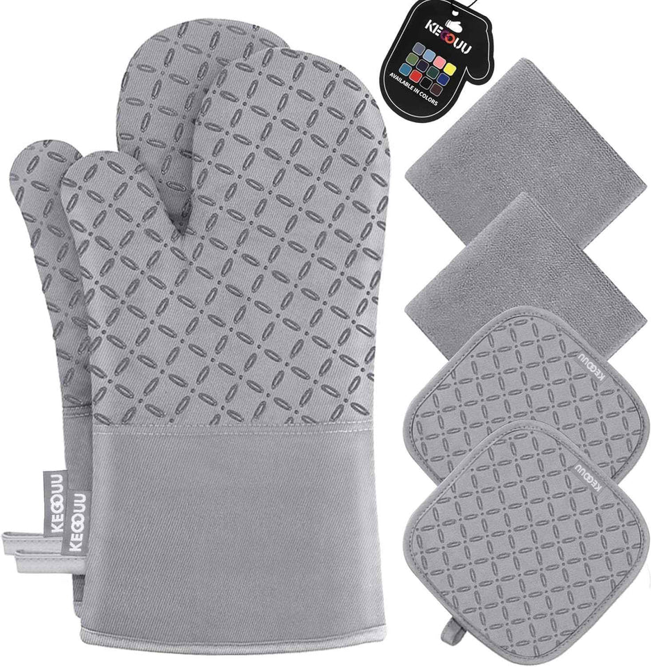 KEGOUU Oven Mitts and Pot Holders 6pcs Set, Kitchen Oven Glove High Heat Resistant 500 Degree Extra Long Oven Mitts and Potholder with Non-Slip Silicone Surface for Cooking (Grey)