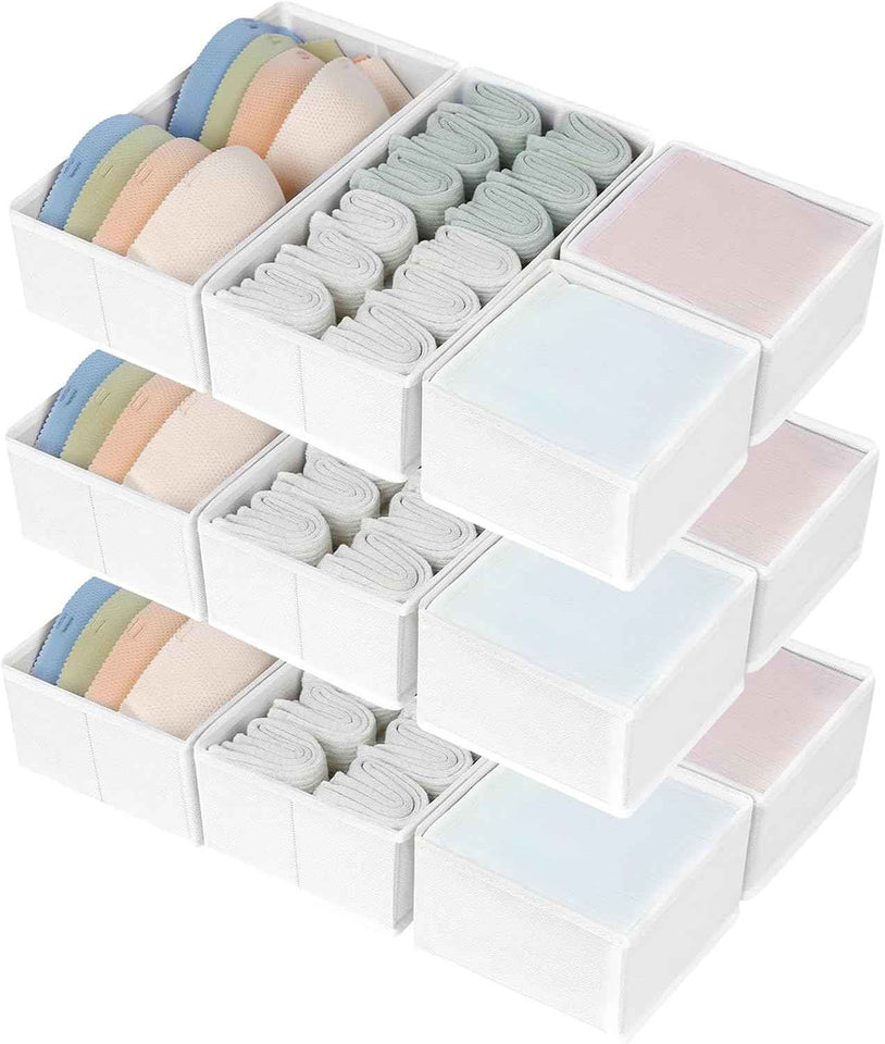 DIMJ Drawer Organizers Clothes, Set of 4 Dresser Organizer Bins, Fabric Closet Organizers and Storage, Shallow Drawer Dividers for Nursery, Clothing, Baby Clothes, Socks, Underwears, Tie (Beige)