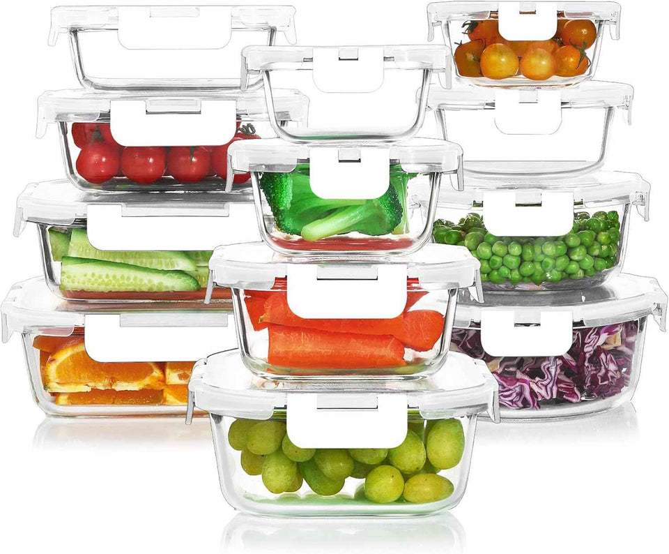 KOMUEE 24 Pieces Glass Food Storage Containers Set,Meal Prep Containers-Stackable Airtight Glass Storage Containers with lids,Freezer, Microwave, Oven Safe,Gray