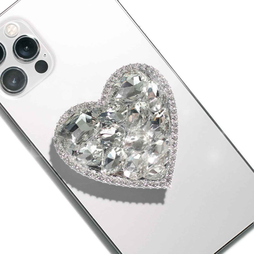 OnTheGrip Collapsible Expandible Diamond Heart Grip Stand Holder for Smartphone Tablet Silver Big