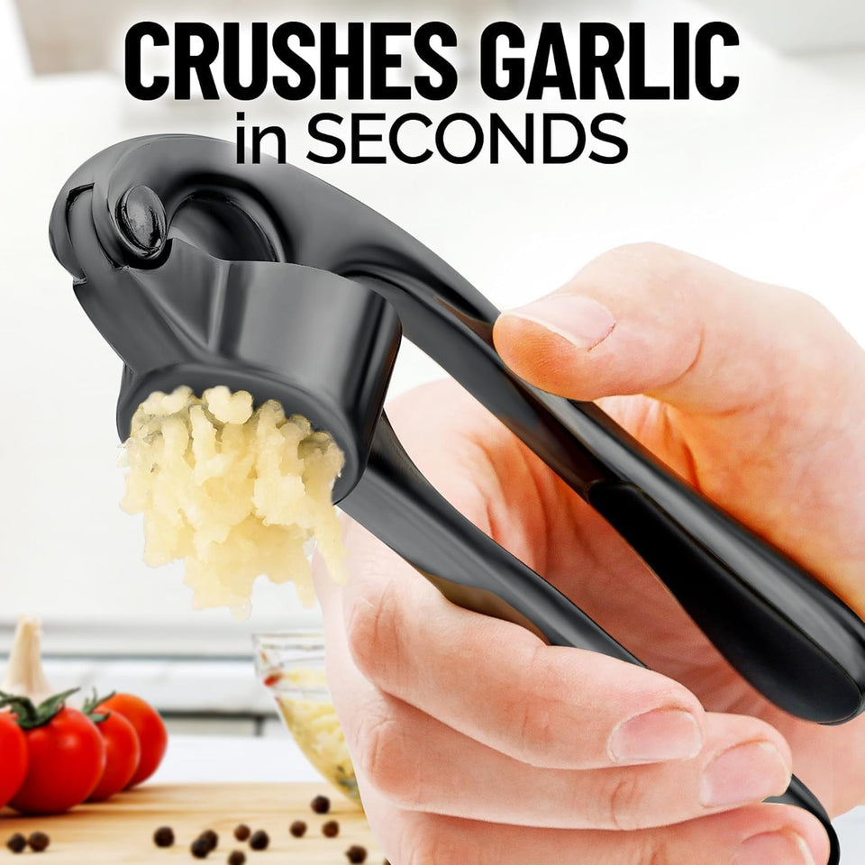 Zulay Kitchen Premium Garlic Press Set - Rust Proof Professional Garlic Mincer Tool - Easy-Squeeze, Easy-Clean with Soft, Ergonomic Handle - Silicone Garlic Peeler & Brush-Dark Gray