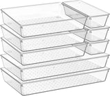 6 Pack Large Clear Plastic Drawer Organizer Trays, Acrylic Kitchen Drawer Organization and Storage Dividers, Non-Slip Storage Bins for Makeup, Kitchen Utensils, Bathroom, Jewelries and Office Desk