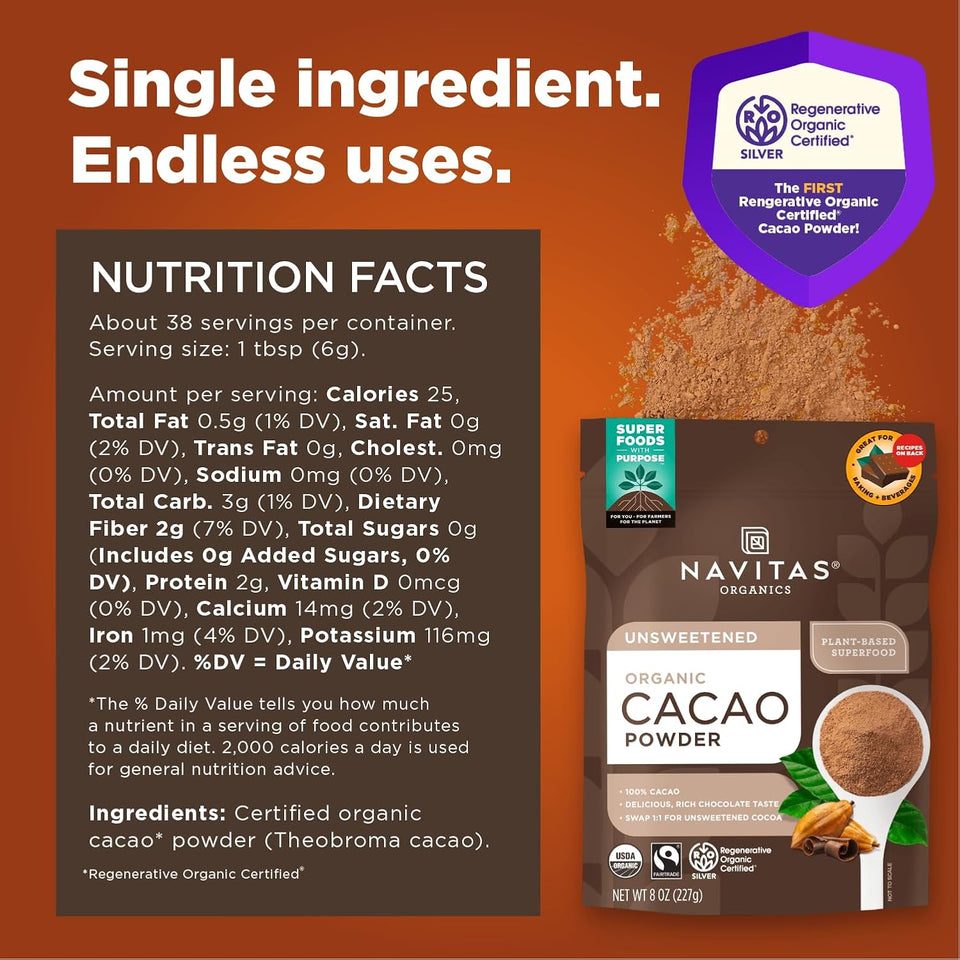 Navitas Organics Cacao Powder - Cocoa Powder Substitute 1:1, For Hot Chocolate, Baking & More - Regenerative Organic Certified, Non GMO, Fairtrade, Gluten Free, Non-alkalized (8oz. Bag, 38 Servings)