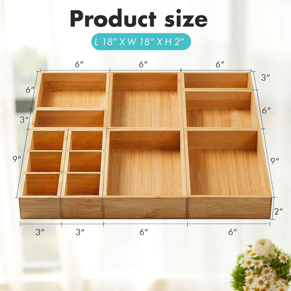 Fabsome bamboo wood set of 9 drawer organizer for kitchen, makeup, desk, and bathroom storage