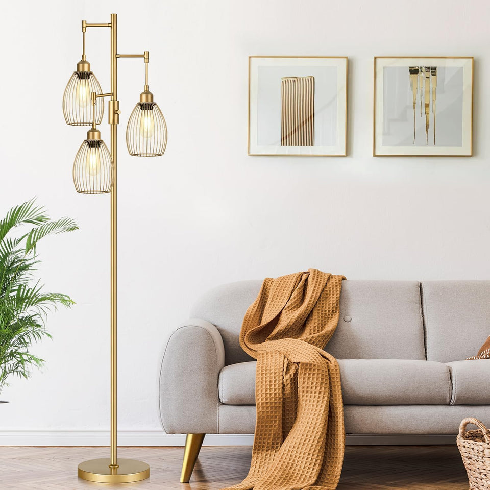 Dimmable Floor Lamp, Industrial Floor Lamps for Living Room, Gold Tree Lamp Standing Lamp Tall Lamps with 3 Elegant Teardrop Cage Head & 800 Lumens LED Bulbs for Living Room Bedroom Office