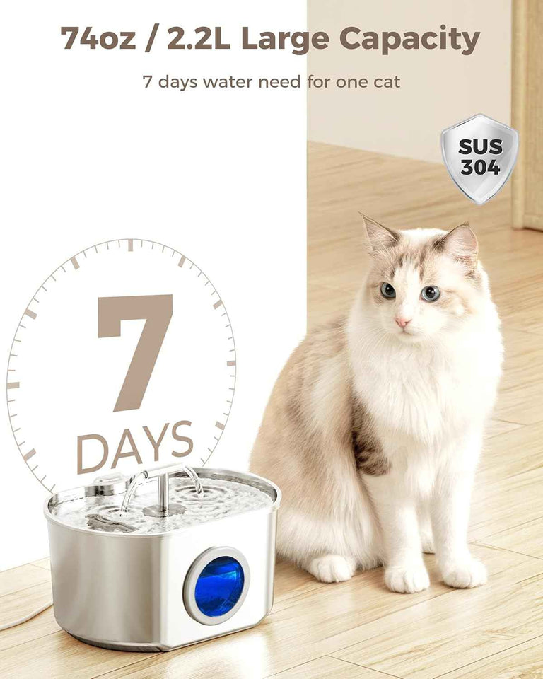 cat water fountain stainless steel pet drinking fountain for cats indoor 2.2l/74oz