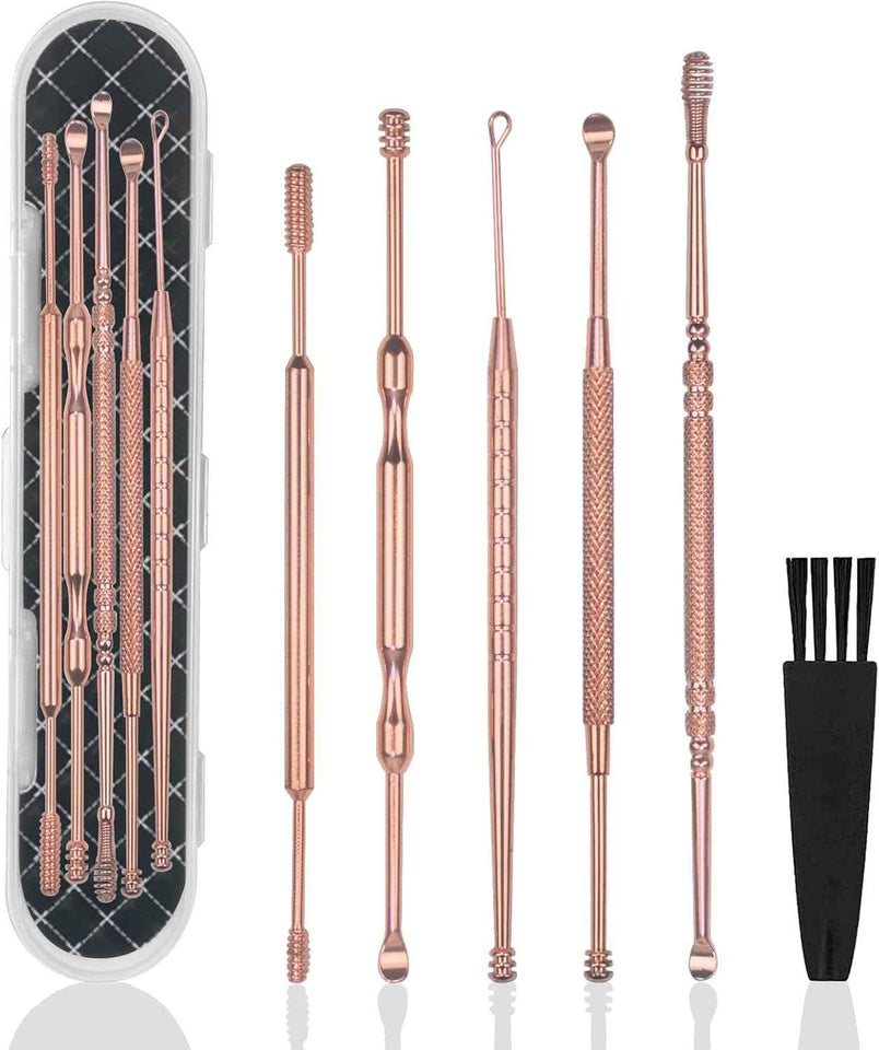 Hion 6 Pcs Extended Ear Wax Removal Kit,Professional Double-Headed Ear Pick Earwax Removal Tools,316L Stainless Steel Ear Cleaner Curette with Cleaning Brush and Storage Box,Suit for Kid Adult(Gold)