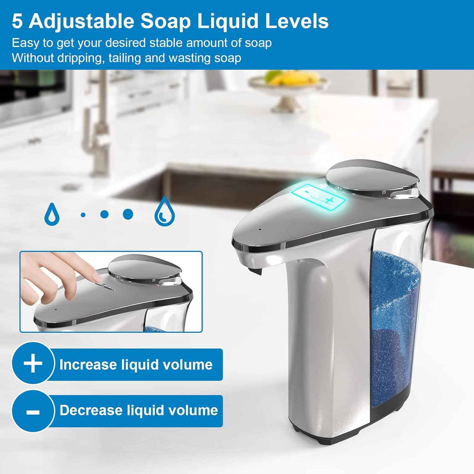 Touchless Automatic Soap Dispenser with Infrared Sensor and 5 Adjustable Soap Levels, 17oz/500ml Silver Finish
