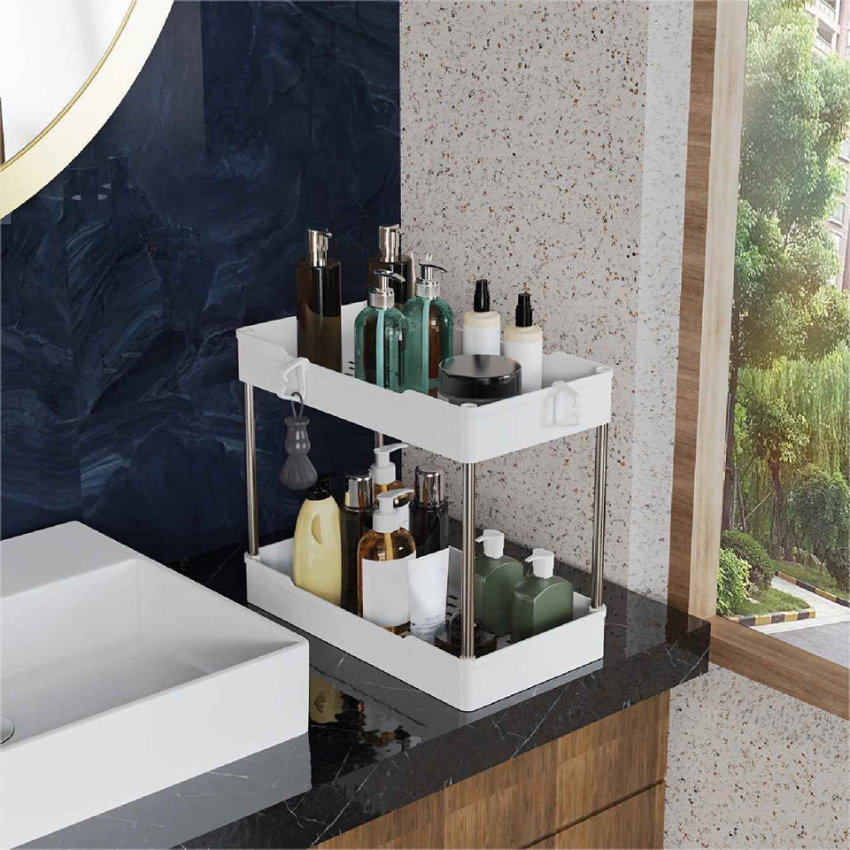 3 Pack Under Sink Organizer, 2 Tier Bathroom Cabinet with Hanging Cups, White, Kitchen & Bathroom Storage