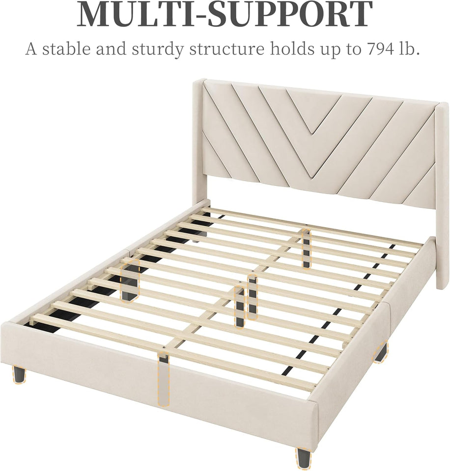 Yaheetech Queen Bed Frame Upholstered Platform Bed with Wing Side/Wooden Slat Support/Tufted Headboard with Wing Side/Mattress Foundation/No Box Spring Needed,Beige Queen Bed