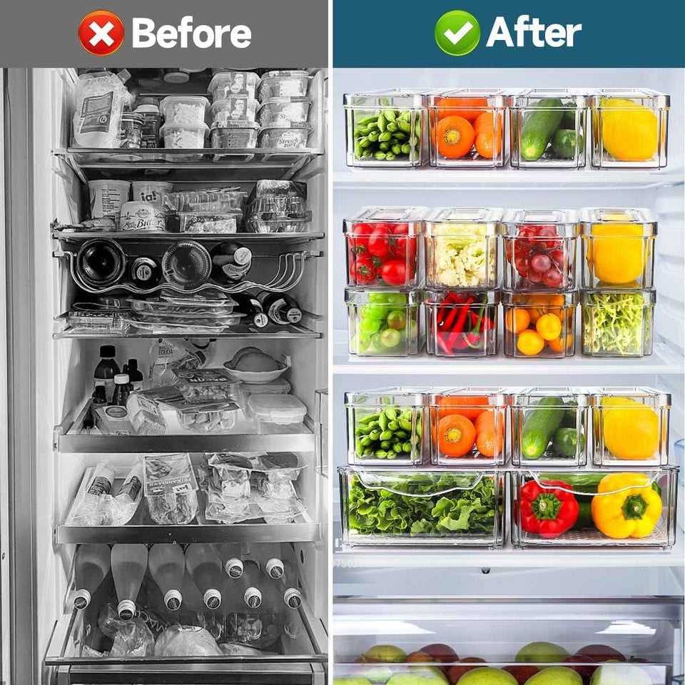 nisilin 14 pack fridge organizers and storage for refrigerator, bpa-free, clear bins, 3 sizes