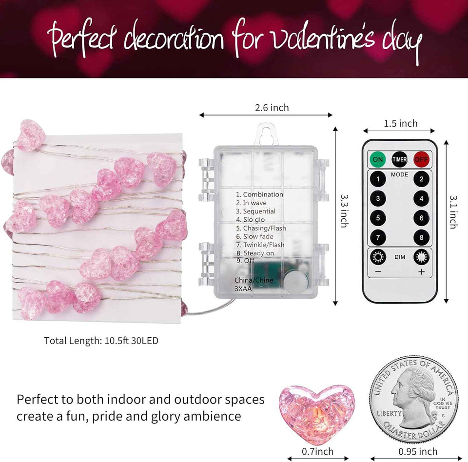 Battery Operated 10.5ft 30 LED Pink Heart Fairy String Lights with Timer and Remote