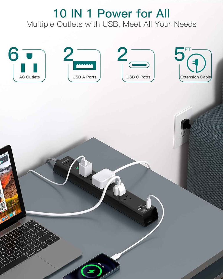 Surge protector power strip with 6 AC outlets and 4 USB ports, flat plug, 1875W/15A, overload protection
