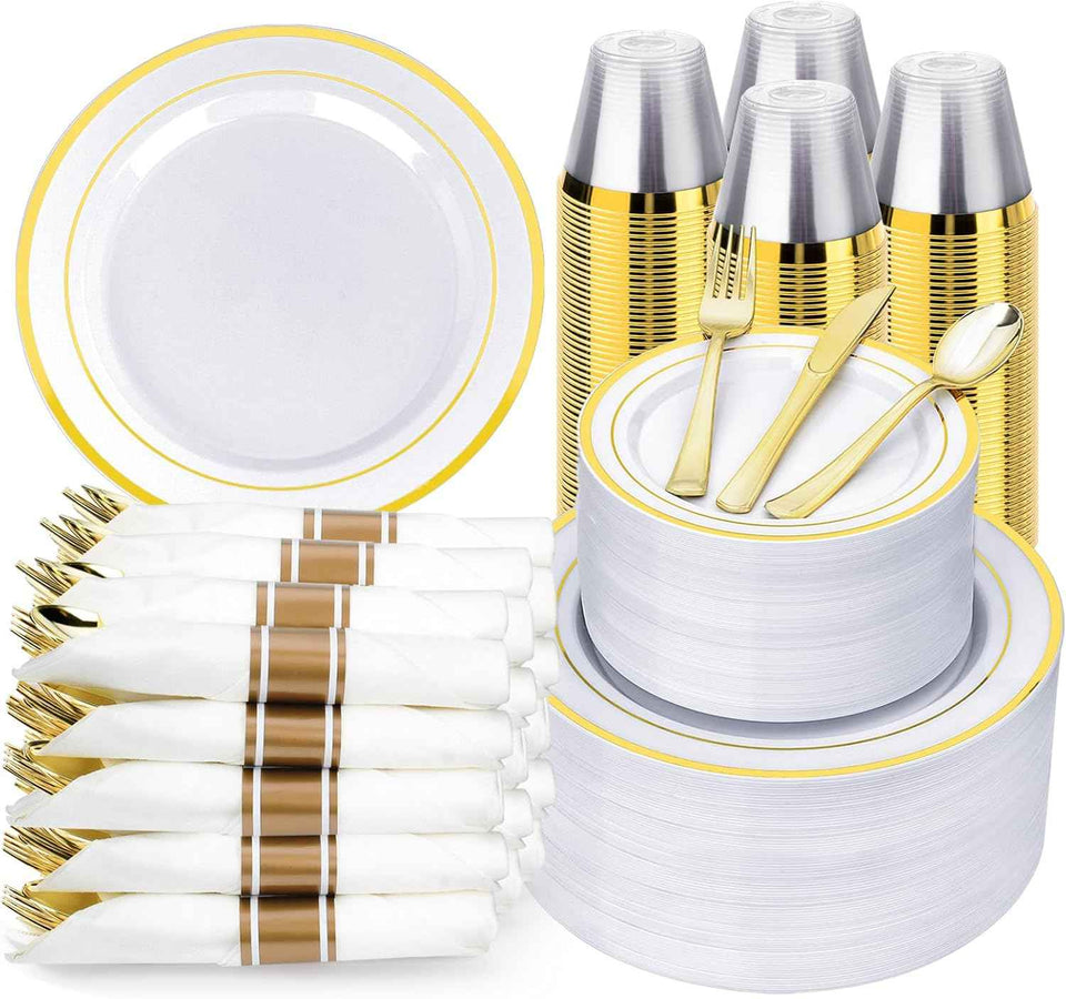 BestVIP 700PCS Gold Plastic Dinnerware Set for 100 Guests, BPA Free, Disposable Plates with Silverware, Cups, and Napkins