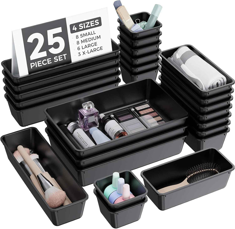 25 PCS Plastic Drawer Organizers Set, 4-Sizes Vanity and Makeup Organizer, Desk and bathroom Drawer Organizer Trays, Organizers and Storage for Makeup, Jewelry, Gadgets, Utensils (Pink)