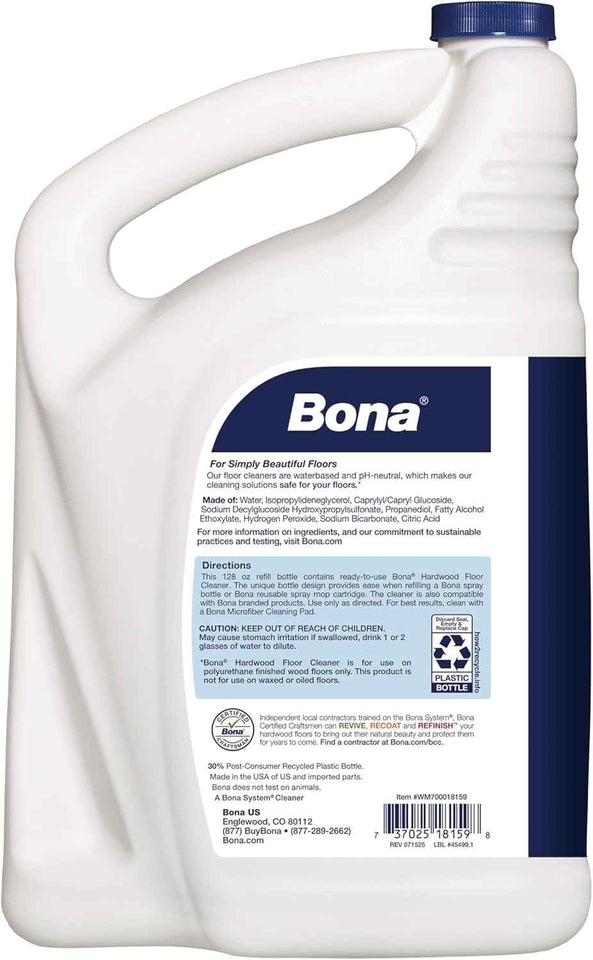Bona Hardwood Floor Cleaner Refill - 128 oz Unscented - Residue-Free Cleaning for Wood Floors