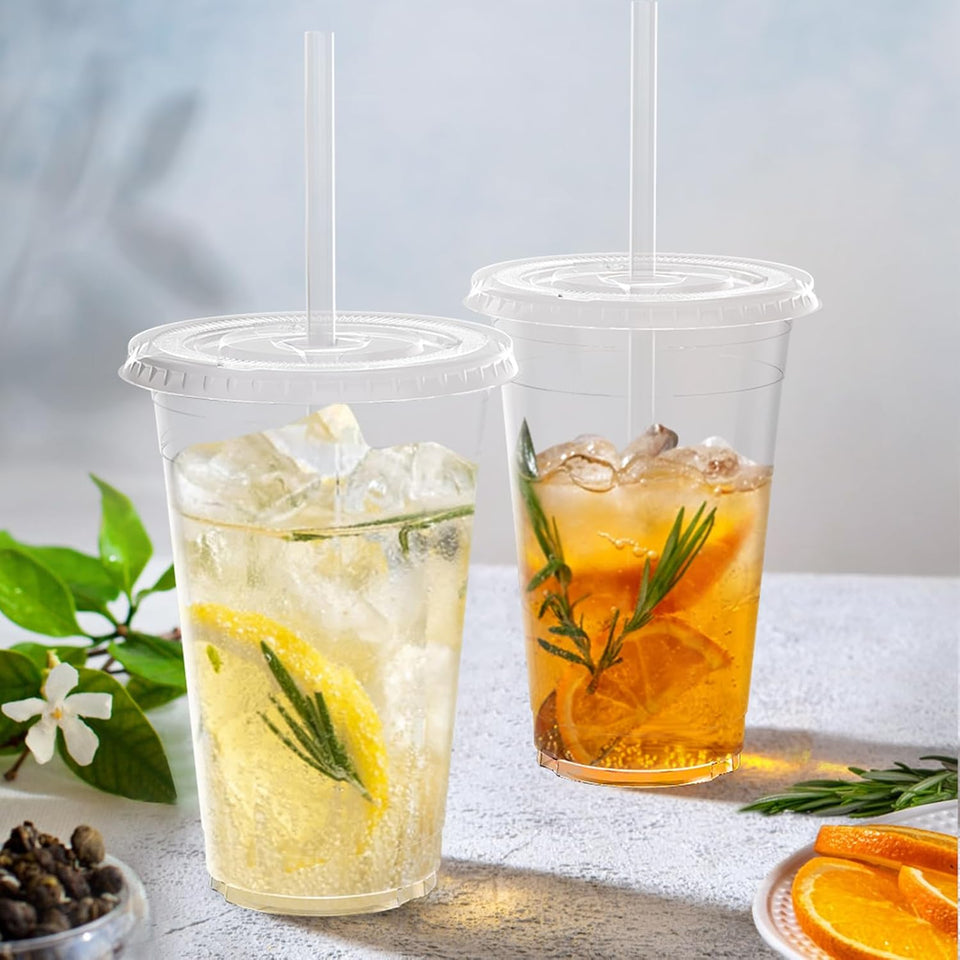 100 Pack - 20 oz Clear Plastic Cups with Lids and Straws, Sturdy & Food Safe Iced Coffee Cups with lids, Disposable Plastic Smoothie Cups for Cold Drinks