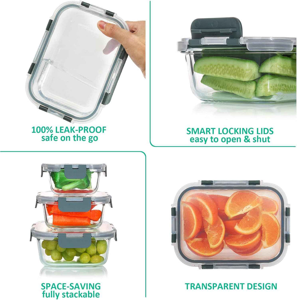 komuee 24-piece glass food storage containers set, meal prep containers, stackable airtight, microwave and oven safe