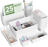 25 PCS Plastic Drawer Organizers Set, 4-Sizes Vanity and Makeup Organizer, Desk and bathroom Drawer Organizer Trays, Organizers and Storage for Makeup, Jewelry, Gadgets, Utensils (Pink)