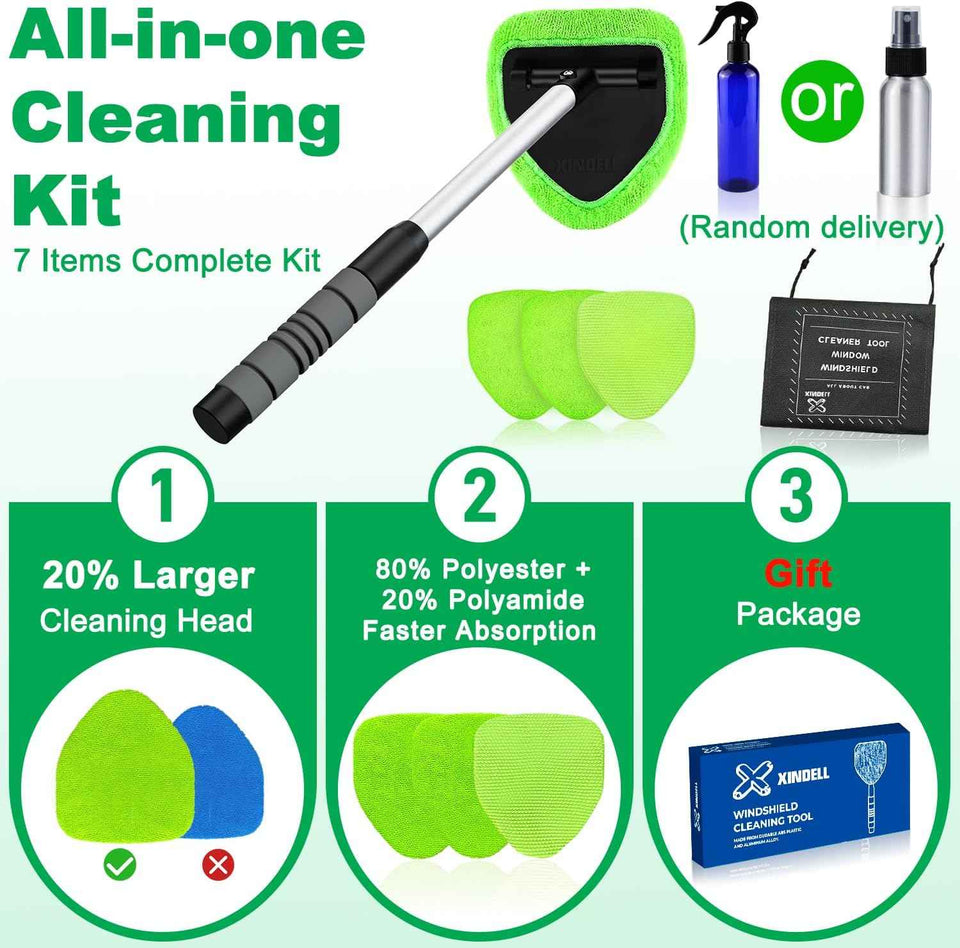 XINDELL Windshield Cleaner Tool with Extendable Handle & 4 Microfiber Pads for Car and Home Window Cleaning