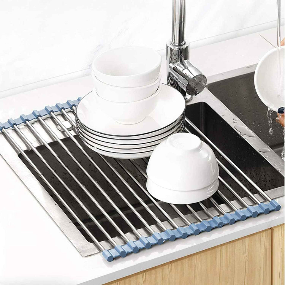 Over the Sink Dish Drying Rack - Foldable Dish Drainer - Stainless Steel - Gray