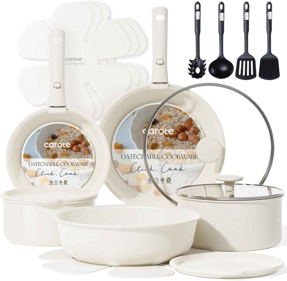 CAROTE 17pcs Pots and Pans Set, Nonstick Cookware Set Detachable Handle, Induction Kitchen Cookware Sets Non Stick with Removable Handle, RV Cookware Set, Oven Safe