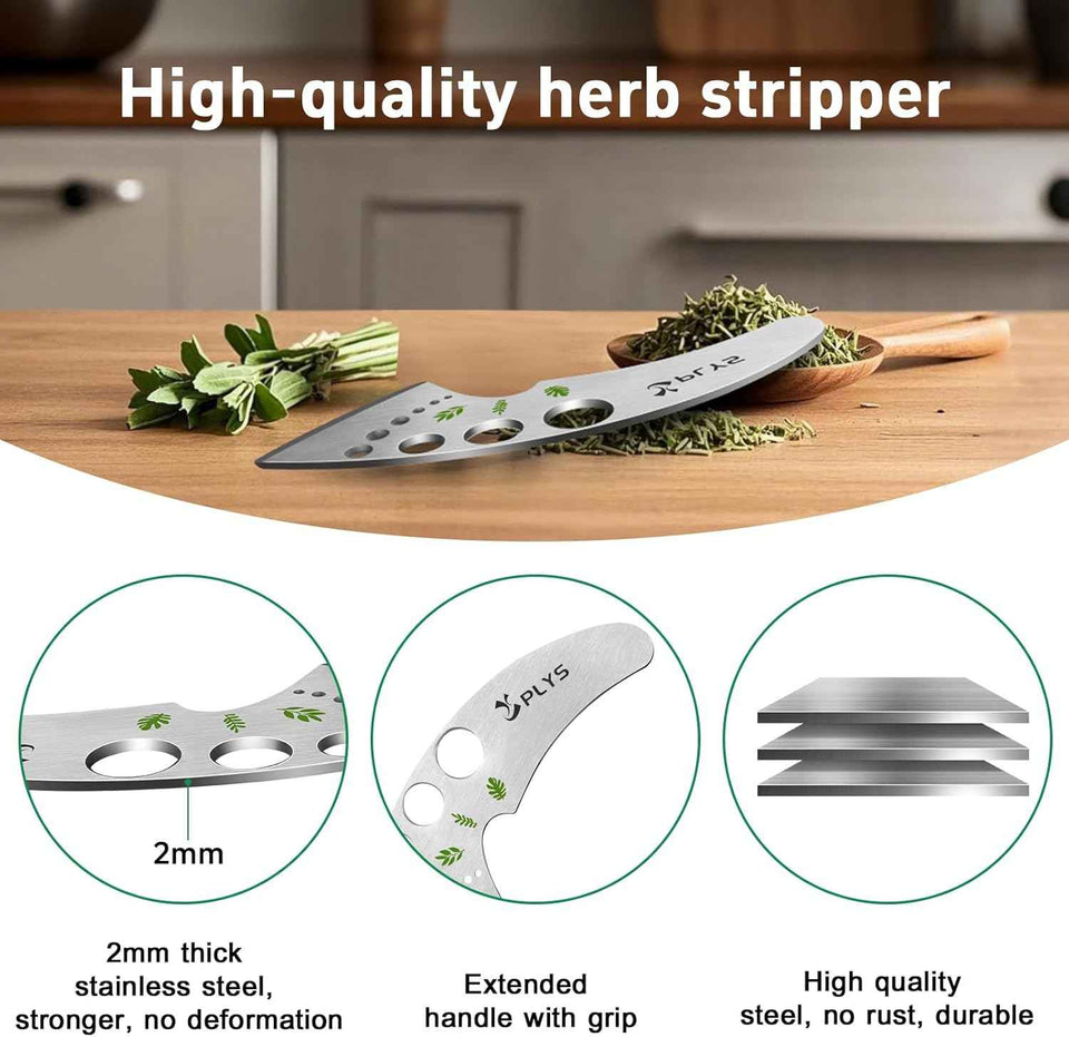 Plys Herb Stripper Tool 9 Holes - Stainless Steel Kitchen Herb Stripping Tool, Herb Leaf Peeler for Kale, Chard, Collard Greens, Rosemary, Thyme, Parsley and Basil, 2025 Professional Kitchen Gadgets