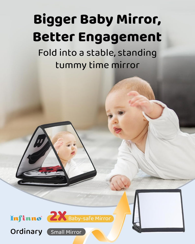 Black and White Baby Books for Newborn - Tummy Time Mirror & Sensory Toys Soft Montessori Toy for Infant Visual Stimulation, Brain Development & Early Learning - High Contrast Toys for 0-6 Months