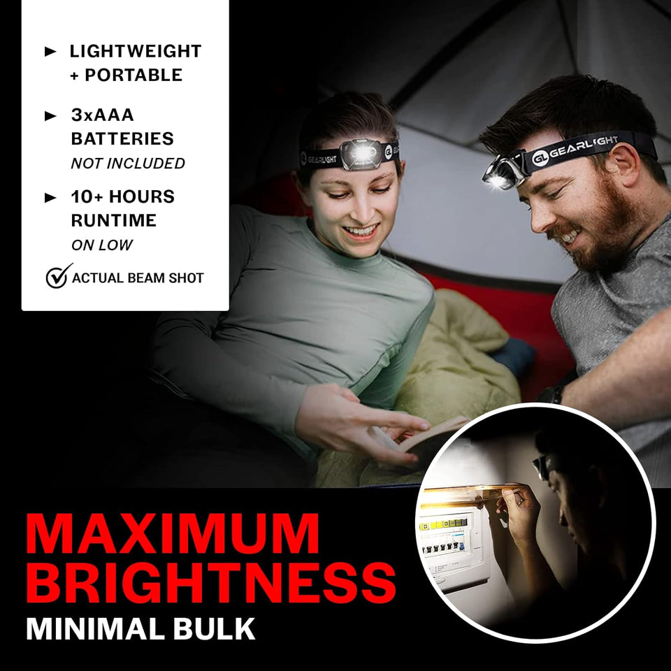 GearLight 2Pack LED Headlamp - Outdoor Camping Head Lamps with Adjustable Headband - Lightweight Battery Powered Bright Flashlight Headlight with 7 Modes and Pivotable Head and Red Light