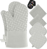 KEGOUU Oven Mitts and Pot Holders 6pcs Set, Kitchen Oven Glove High Heat Resistant 500 Degree Extra Long Oven Mitts and Potholder with Non-Slip Silicone Surface for Cooking (Grey)