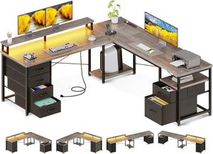 AODK 66" L Shaped Desk, 113" Computer Desk with File Cabinet & 4 Fabric Drawers, Home Office Desk with Monitor Shelf & Power Outlet, Two Person Desk or Corner Desk, Gaming Table with LED Light, Grey