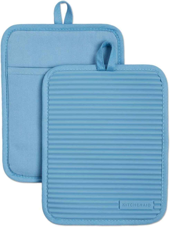KITCHENAID Ribbed Soft Silicone Pot Holder 2-Pack Set, Matte Black, 7"x9"