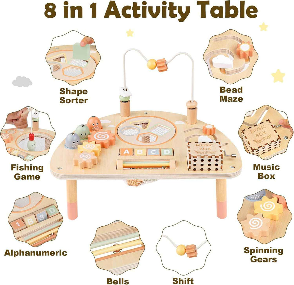 Montessori Wooden Sensory Play Table for Toddlers 1-3 Years, 8-in-1 Activity Center for 1-2 Year Old Girls and Boys