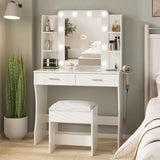 Vabches Vanity Desk with Lights,Makeup Vanity with Power Strip,Dressing Table Set with 2 Large Drawers,Vanity Mirror 3 Lighting Color Adjustable,White