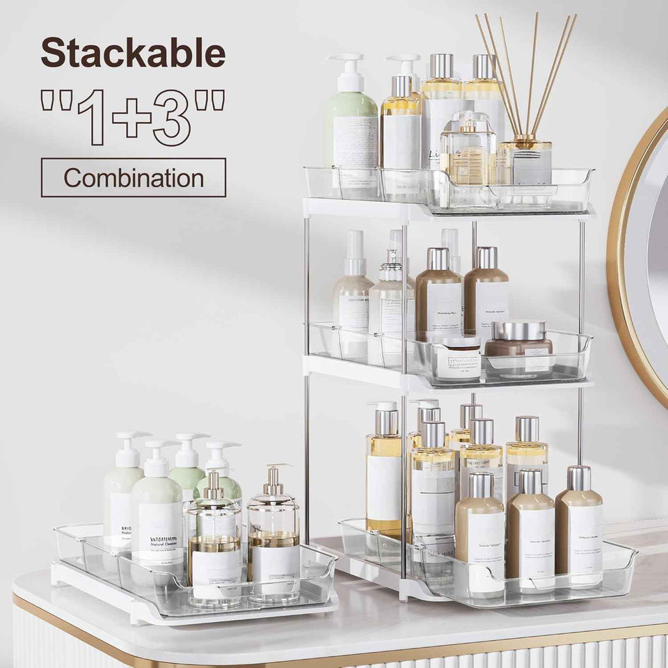 Delamu 2-Tier Bathroom Under Sink Organizer, Stackable Kitchen Pantry Organization, White, 2 Pack